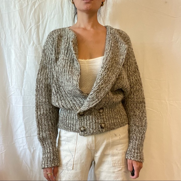 Vintage 80s P.G.E. Wool Blend Chunky Knit Puff Sleeve Batwing Cardigan - Picture 9 of 10
